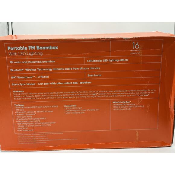 Onn Portable FM Boombox Bluetooth with LED Lighting / Without USB-C Power Cable - Picture 9 of 9